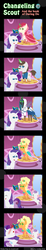 Size: 600x3263 | Tagged: safe, artist:vavacung, applejack, hondo flanks, queen chrysalis, rarity, roseluck, sweetie belle, changeling, earth pony, pony, unicorn, comic:changeling-scout, g4, applejack (male), applejewel, assassin's creed, blood, comic, faint, female, ladyboner, lesbian, marshmelodrama, nosebleed, pointy ponies, rarity being rarity, request, rule 63, ship:rarijack, shipping, why