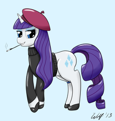 Size: 1765x1857 | Tagged: safe, artist:ookamithewolf1, rarity, pony, unicorn, g4, beret, cigarette, cigarette holder, female, horn, mare, simple background, smoking, solo
