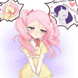 Size: 949x949 | Tagged: safe, artist:ichigochichi, fluttershy, rarity, human, pony, ..., :|, adorkable, alternate hairstyle, blushing, bowtie, bust, clothes, cute, diabetes, dialogue, digital art, dork, embarrassed, exclamation point, eyes closed, fabulous, female, heart, humanized, ichigochichi is trying to murder us, looking away, makeover, open mouth, pigtails, precious, self ponidox, shyabetes, simple background, smiling, sweat, twintails, white background