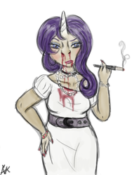 Size: 480x640 | Tagged: safe, artist:sparklytentacles, rarity, human, g4, belt, blood, cigarette, clothes, dress, female, horn, horned humanization, humanized, necklace, nosebleed, simple background, smoking, solo, traditional art