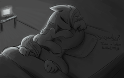 Size: 1900x1200 | Tagged: artist needed, safe, twilight sparkle, oc, oc:anon, alicorn, pony, g4, :o, bed, blanket, computer, cuddling, cute, dialogue, eyes closed, facehug, female, floppy ears, hug, mare, monochrome, on side, open mouth, pillow, sleeping, snuggling, table, twiabetes, twilight sparkle (alicorn)