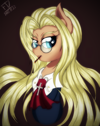 Size: 1636x2048 | Tagged: safe, artist:fluffydus, pony, cigar, cross, glasses, hellsing, ponified, sir integra, smoking, solo