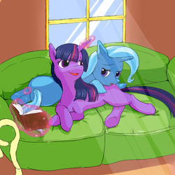 Size: 512x512 | Tagged: safe, artist:bauru, trixie, twilight sparkle, pony, unicorn, g4, book, couch, female, lesbian, mare, ship:twixie, shipping