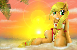 Size: 5100x3300 | Tagged: safe, artist:spiritofthwwolf, applejack, g4, absurd resolution, beach, bikini, blushing, clothes, female, grin, lens flare, sitting, solo, swimsuit, water, wet mane