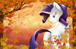 Size: 5100x3300 | Tagged: safe, artist:spiritofthwwolf, rarity, pony, unicorn, g4, absurd resolution, autumn, bedroom eyes, butt, eyeshadow, female, leaves, makeup, mare, plot, rear view, smiling, solo