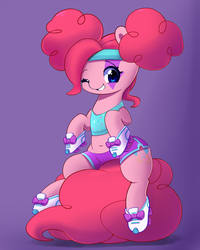 Size: 1000x1250 | Tagged: safe, artist:joyfulinsanity, pinkie pie, earth pony, pony, g4, scare master, belly button, clothes, costume, cute, diapinkes, female, grin, headband, looking at you, midriff, nightmare night costume, pinkie puffs, roller skates, shorts, smiling, smiling at you, solo, tail, tail stand, wink