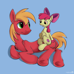 Size: 2480x2480 | Tagged: safe, artist:replacer808, apple bloom, big macintosh, earth pony, pony, g4, chest fluff, ear fluff, high res, male, on side, simple background, sitting, stallion, underhoof