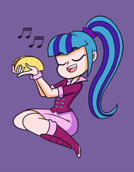 Size: 1088x1400 | Tagged: safe, artist:khuzang, sonata dusk, human, equestria girls, g4, clothes, cute, eyes closed, female, food, humanized, music notes, open mouth, purple background, simple background, singing, sitting, skirt, solo, sonatabetes, sonataco, taco, that girl sure loves tacos, that siren sure does love tacos