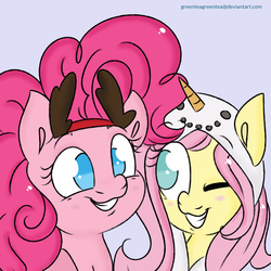 Size: 1024x1024 | Tagged: safe, artist:tokipeach, fluttershy, pinkie pie, g4, antlers, blushing, bust, cute, duo, no pupils, one eye closed, portrait, smiling, wink