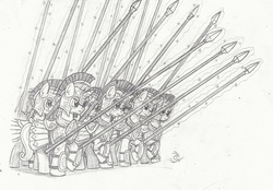 Size: 1024x714 | Tagged: safe, artist:sensko, pony, unicorn, armor, army, black and white, grayscale, macedonia, monochrome, pencil drawing, phalanx, phalanx formation, pike, traditional art, war, weapon