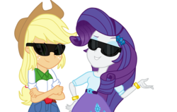 Size: 1069x679 | Tagged: safe, artist:noahther, applejack, rarity, equestria girls, g4, deal with it, eyes closed, female, glasses, lesbian, ship:rarijack, shipping, sunglasses, swag