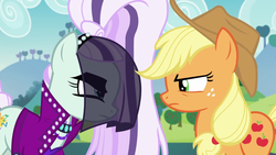 Size: 1280x720 | Tagged: safe, screencap, applejack, coloratura, g4, the mane attraction, angry, countess coloratura, stare down