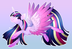 Size: 1024x707 | Tagged: safe, artist:scarlet-spectrum, twilight sparkle, alicorn, pony, g4, female, flying, mare, rainbow power, slender, solo, thin, twilight sparkle (alicorn), watermark