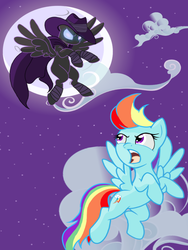 Size: 1200x1600 | Tagged: safe, artist:theroyalprincesses, mare do well, rainbow dash, g4, cape, clothes, duo, flying, hat, mask, moon, night sky, open mouth, stars, versus