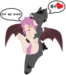 Size: 1600x1832 | Tagged: safe, artist:dr-whiskey, oc, oc only, oc:dante, oc:emile, bat pony, pony, belly button, belly piercing, bellyring, blushing, dantemile, dock, ears back, eyes closed, female, hape, hug, male, non-consensual cuddling, oc x oc, open mouth, piercing, scar, scared, shipping, smiling, straight, underhoof