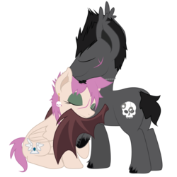 Size: 1600x1600 | Tagged: safe, artist:dr-whiskey, oc, oc only, oc:dante, oc:emile, bat pony, pony, cute, dantemile, earring, female, hug, male, necklace, oc x oc, piercing, scar, shipping, smiling, straight, winghug