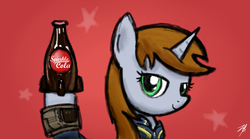 Size: 1800x1000 | Tagged: safe, artist:bojo, oc, oc only, oc:littlepip, pony, unicorn, fallout equestria, bottle, clothes, fallout, fallout 4, fanfic, fanfic art, female, jumpsuit, mare, nuka cola, pipbuck, simple background, soda, solo, sparkle cola, vault suit