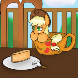 Size: 1000x1000 | Tagged: safe, artist:freakdreams, applejack, pony, g4, appletini, cup of pony, cute, drool, eyes on the prize, female, food, heart eyes, jackabetes, micro, solo, tea, wingding eyes