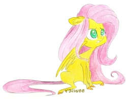 Size: 1339x1048 | Tagged: safe, artist:raiwee, fluttershy, g4, female, floppy ears, gritted teeth, looking at something, looking away, simple background, sitting, solo, traditional art, white background