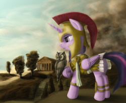 Size: 3658x3000 | Tagged: safe, artist:plotcore, owlowiscious, twilight sparkle, alicorn, owl, pony, g4, armor, armor skirt, athena sparkle, clothes, duo, duo male and female, female, high res, male, mare, scenery, skirt, technically an upskirt shot, twilight sparkle (alicorn)