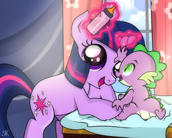 Size: 1510x1208 | Tagged: safe, artist:dsana, spike, twilight sparkle, dragon, pony, unicorn, g4, baby, baby bottle, baby dragon, baby spike, bottle, curtains, cute, dsana is trying to murder us, female, filly, filly twilight sparkle, glowing horn, horn, magic, male, mama twilight, milk, spikabetes, twiabetes, unicorn twilight
