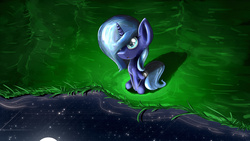 Size: 4800x2700 | Tagged: safe, artist:flamevulture17, princess luna, g4, eye reflection, female, filly, looking up, moon, night, reflection, sitting, solo, stars, water, woona