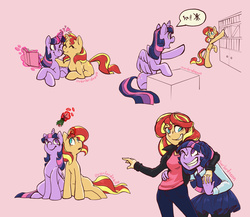 Size: 4500x3900 | Tagged: safe, artist:overlordneon, sunset shimmer, twilight sparkle, alicorn, pony, unicorn, equestria girls, g4, absurd resolution, bipedal, bipedal leaning, book, cheek kiss, cute, female, grin, holding hands, holly, holly mistaken for mistletoe, horses doing human things, hug, in the human world for too long, kissing, leaning, lesbian, magic, prone, shimmerbetes, ship:sunsetsparkle, shipping, smiling, snuggling, telekinesis, twiabetes, twilight sparkle (alicorn)