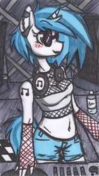 Size: 622x1098 | Tagged: safe, artist:fiji-firefox, dj pon-3, vinyl scratch, anthro, g4, belly button, digital outline, female, markers, rave, solo, sunglasses, traditional art