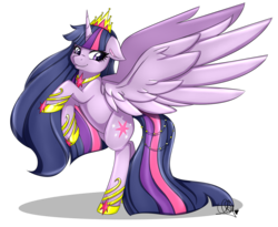 Size: 1200x984 | Tagged: safe, artist:pillonchou, twilight sparkle, alicorn, pony, g4, alternate hairstyle, bipedal, element of magic, female, large wings, long hair, long mane, long tail, mare, signature, solo, twilight sparkle (alicorn)