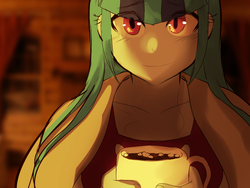 Size: 1024x768 | Tagged: safe, artist:rileyav, sonata dusk, equestria girls, g4, alternate hairstyle, blanket, chocolate, cup, drink, female, food, hot chocolate, looking at you, marshmallow, mug, smiling, solo, story in the comments