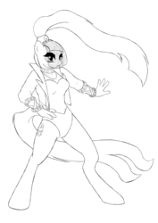 Size: 877x1240 | Tagged: safe, artist:alixnight, coloratura, earth pony, anthro, unguligrade anthro, g4, clothes, countess coloratura, dancing, female, leotard, monochrome, solo, veil