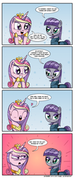 Size: 1000x2359 | Tagged: safe, artist:daniel-sg, maud pie, princess cadance, g4, angry, blushing, burn, clothes, comic, crown, deadpan snarker, eyes closed, eyeshadow, female, grin, heart, imminent beatdown, implied weight gain, jewelry, looking at each other, makeup, mare, maud burns, open mouth, pregnant, regalia, rekt, shit eating grin, smiling, speech bubble, this will end in death, this will end in pain, unamused, when she smiles