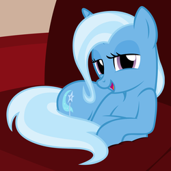 Size: 1434x1434 | Tagged: safe, artist:badumsquish, derpibooru exclusive, trixie, pony, unicorn, g4, badumsquish is trying to murder us, bedroom eyes, behaving like a cat, behaving like a dog, chair, couch, cute, diatrixes, female, happy, looking at you, mare, open mouth, prone, smiling, smug, solo