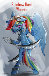 Size: 516x797 | Tagged: safe, artist:dear-cotton-candy, rainbow dash, pegasus, pony, g4, bipedal, character class, clothes, fantasy class, female, goggles, mare, solo, sword, text, weapon