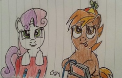 Size: 960x615 | Tagged: safe, artist:rapidsnap, button mash, sweetie belle, earth pony, pony, unicorn, g4, colt, duo, female, filly, foal, hat, lined paper, male, propeller hat, tongue out, traditional art