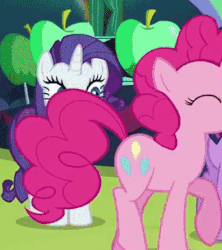Size: 342x385 | Tagged: safe, screencap, pinkie pie, rarity, twilight sparkle, alicorn, earth pony, pony, g4, the mane attraction, animated, ass up, bipedal, eyes on the prize, female, looking at butt, mare, mooning, out of context, surprised, twilight sparkle (alicorn)