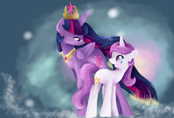 Size: 1600x1091 | Tagged: safe, artist:rustyscreech, princess celestia, twilight sparkle, alicorn, pony, unicorn, g4, alternate universe, ascension realm, blushing, eye contact, female, lidded eyes, looking back, mare, open mouth, pink-mane celestia, princess celestia's special princess making dimension, role reversal, smiling, twilight sparkle (alicorn), younger