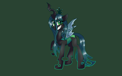 Size: 1600x997 | Tagged: safe, artist:drducksauce, queen chrysalis, changeling, changeling queen, g4, blushing, eye clipping through hair, female, green background, grin, raised hoof, simple background, smiling, solo