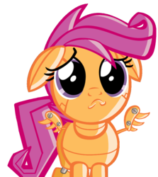 Size: 820x920 | Tagged: safe, artist:fillerartist, edit, vector edit, scootaloo, robot, g4, female, floppy ears, puppy dog eyes, sad, scootabot, simple background, solo, transparent background, vector