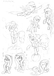 Size: 2081x2914 | Tagged: safe, artist:lookmaidrew, fluttershy, pinkie pie, rainbow dash, g4, ball, cupcake, flying, food, high res, monochrome, wings