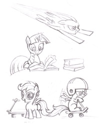 Size: 2111x2583 | Tagged: safe, artist:lookmaidrew, rainbow dash, scootaloo, twilight sparkle, g4, book, flying, helmet, high res, monochrome, reading, scooter