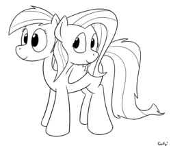 Size: 1241x1055 | Tagged: safe, artist:rapidstrike, fluttershy, rainbow dash, brahmin, g4, black and white, conjoined, conjoined twins, fallout, fusion, grayscale, lineart, monochrome, multiple heads, two heads, we have become one