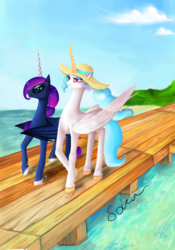 Size: 1024x1461 | Tagged: safe, artist:soirema-pl, princess celestia, princess luna, g4, bat wings, beach, hat, pier, sun hat, sunglasses, vacation