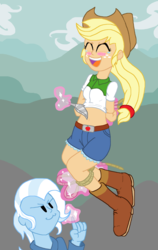 Size: 2856x4528 | Tagged: safe, artist:tagman007, applejack, trixie, equestria girls, g4, magic duel, :3, >:3, arm behind back, belly button, bondage, boots, crying, equestria girls interpretation, eyes closed, feather, female, laughing, lesbian, levitation, magic, magic aura, midriff, open mouth, raised finger, rope, rope bondage, scene interpretation, shipping, shoes, tears of laughter, teary eyes, telekinesis, tickle torture, tickling, tied up, toes, tripplejack