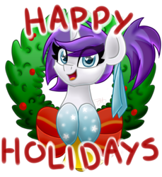 Size: 1500x1635 | Tagged: safe, artist:partypievt, oc, oc only, oc:indigo wire, bell, bow, christmas, cute, gradient hooves, happy holidays, holly, merry christmas, ponytail, ribbon, simple background, solo, transparent background, wreath, ych result