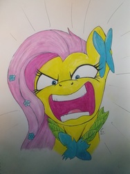 Size: 3216x4288 | Tagged: safe, artist:scribblepwn3, fluttershy, pegasus, pony, g4, season 1, angry, female, flutterrage, frustrated, grand galloping gala, pen drawing, portrait, scene interpretation, solo, traditional art, watercolor painting, you're going to love me