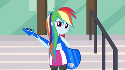 Size: 1920x1080 | Tagged: safe, edit, edited screencap, screencap, rainbow dash, equestria girls, g4, my little pony equestria girls: friendship games, bra, clothes, female, guitar, looking back, rear view, sheepish grin, shorts, skirt, solo, underwear, underwear edit