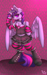 Size: 950x1500 | Tagged: safe, artist:poisindoodles, twilight sparkle, alicorn, pony, g4, bipedal, boots, chest fluff, choker, chokertwi, clothes, ear fluff, ear piercing, earring, emo, female, goth, jewelry, lidded eyes, midriff, necklace, pantyhose, patterned background, piercing, shoulder fluff, skirt, skull earrings, skull necklace, socks, solo, spiked boots, spiked choker, spread wings, stockings, striped arm warmers, striped socks, tank top, tiara, twilight sparkle (alicorn)