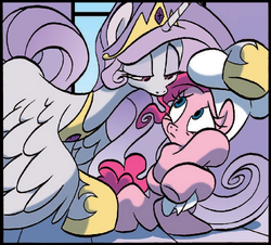 Size: 720x650 | Tagged: safe, artist:jay fosgitt, edit, idw, pinkie pie, princess celestia, alicorn, earth pony, pony, princess molestia, g4, spoiler:comic, comic, duo, looking at each other, mane, scared