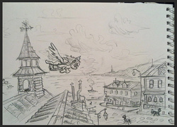 Size: 927x666 | Tagged: safe, artist:agm, pegasus, pony, city, ocean, panorama, sketch, traditional art